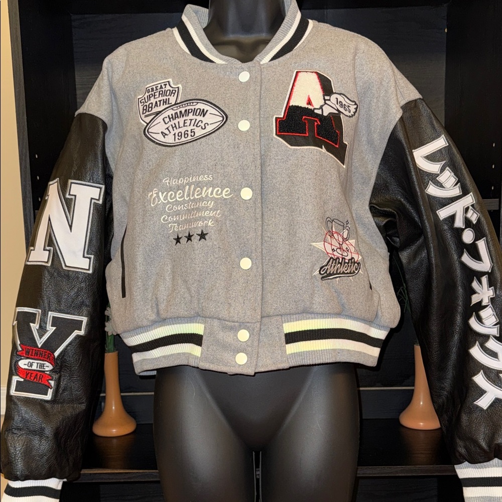 Red Fox  Gray & Black Varsity Jacket with Leather Sleeves and Patches